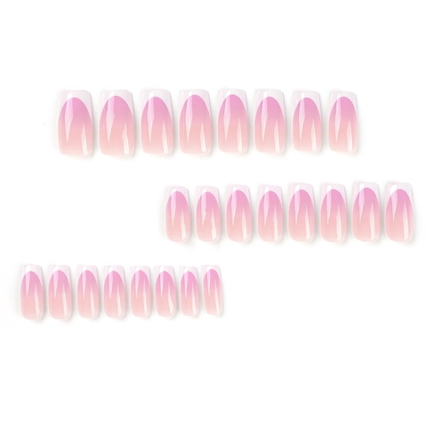 Französische Press On Nägel Lang Quadratisch Rosa Verlauf Weiße Spitze Glänzend Künstliche Falsche Fingernägel Für Frauen