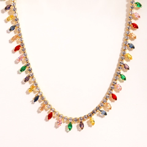 Waterdruppel Kwastje Choker Ketting Koper Goud Verguld Kleurrijke Zirkoon Elegante Mode Sieraden Voor Dames