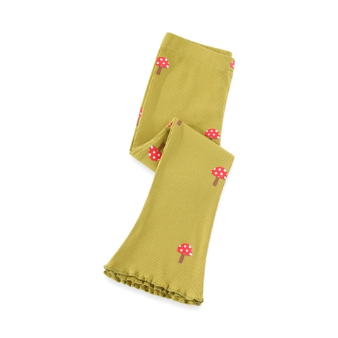 Girls Flared Leggings Mushroom Print Ribbed Knit Toddler Kids Mustard Yellow Cotton Blend Flared Pants With Wood Ear Hem