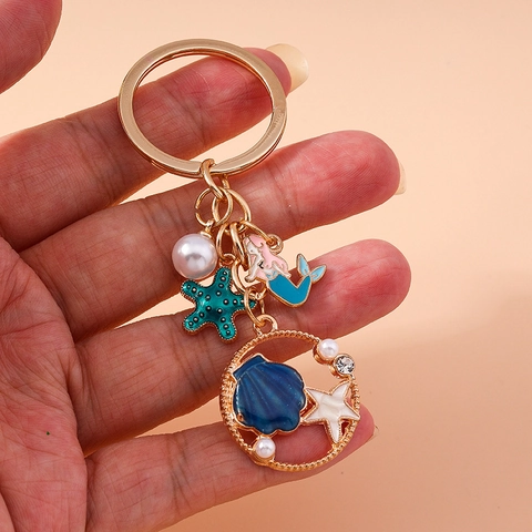 Llavero Océano Sirena Estrella de Mar Concha Aleación de Zinc Esmalte Colgante Tema Marino Diamante Imitación Perla Artificial