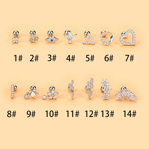 Stainless Steel Earring Post Copper Cubic Zirconia Ear Cartilage Piercing Studs Helix Tragus Jewelry Snake Bee Flower Shapes