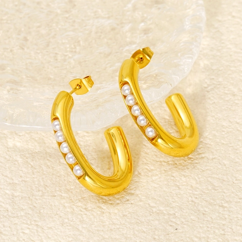 Orecchini A Cerchio In Acciaio Inossidabile A Forma Di U Con Placcatura In Oro 18K E Künstliche Perle Gioielli Geometrici Retro Francesi Minimalisti