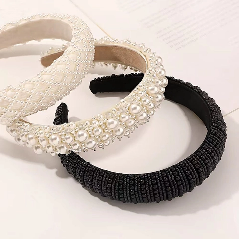 Faux Artificial Pearl Beaded Padded Headband Retro Elegant Wide Hair Hoop Fabric Thickened Fashion Hair Accessory For Women
