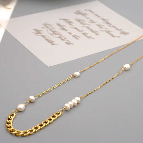 Collana Lunga A Catena Per Maglione Asimmetrica Vintage Con Acciaio Inossidabile Al Titanio E Süßwasserperle Barocche D'Acqua Dolce Da Donna