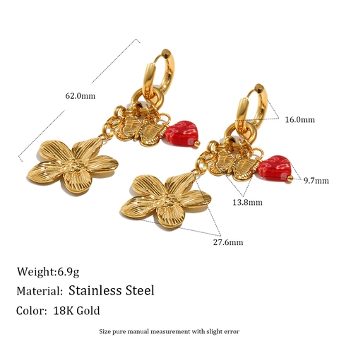 Hängeohrringe Edelstahl 18K Vergoldet Sonne Blume Schmetterling Herz Anhänger Emaille Schmuck Für Damen Ins Stil