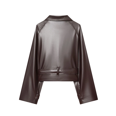 Kunstlederjacke Doppelreihig Mit Gürtel Kurzmantel Reverskragen Langarm Mode Damen Oberbekleidung