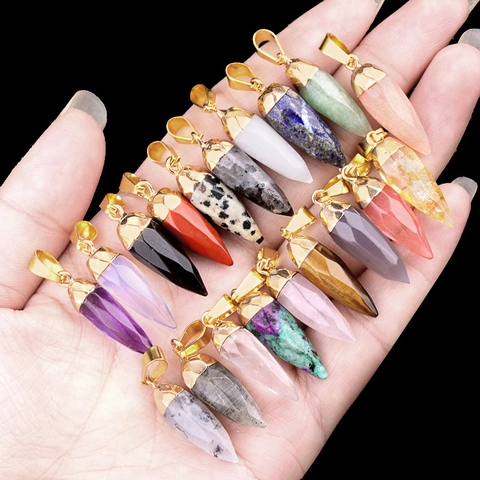 Natural Semi Precious Stone Bullet Pendant Hexagonal Pointed Crystal Chili Shape Gold Plated Alloy Cap Necklace Findings