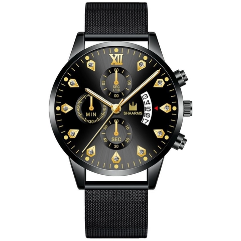 Orologio Da Uomo Al Quarzo Cinturino In Acciaio Mesh Calendario Data Display Strass Business Moda Numeri Romani Classico