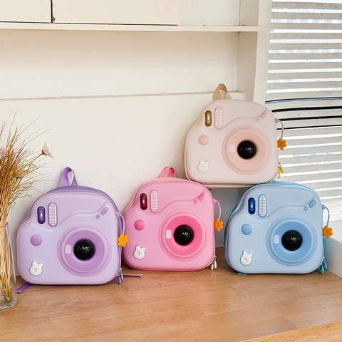 Camera Shaped Kids Backpack EVA Hard Shell LED Light Waterproof Cute Toddler Kindergarten Bag Novelty Flower Charm