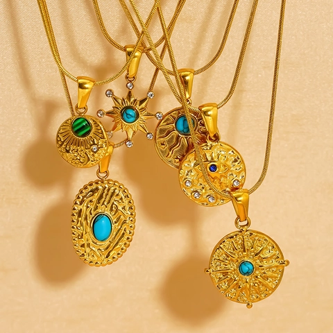Böser Blick Sonne Stern Anhänger Halskette 304 Edelstahl 18K Vergoldet Türkis Schlangenkette Böhmisch Vintage Damen