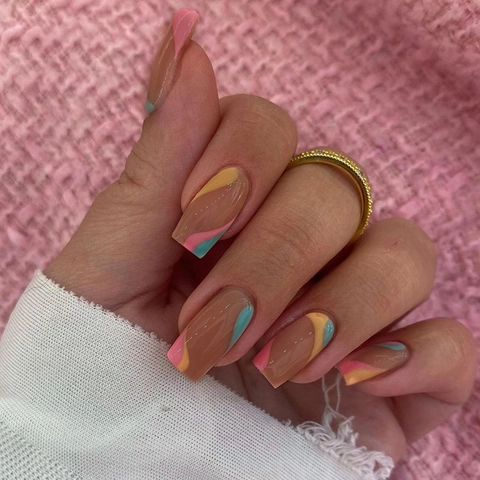 Press On Nails Square Multi Color Ripple Pattern Glossy Wearable Fake Nails For Women Reusable Wave Design Manicure