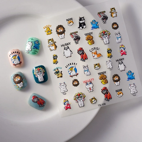 Pegatinas De Arte De Uñas En Relieve 5D Patrón De Animales Dibujos Animados Perro Gato 3D Autoadhesivas Decoración Manicura