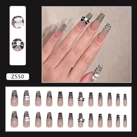 Unghie Finte Coffin Lunghe Motivo Tweed Fiocco Perla Artificial Orso Strass Elegante Stile Francese Punte Per Unghie