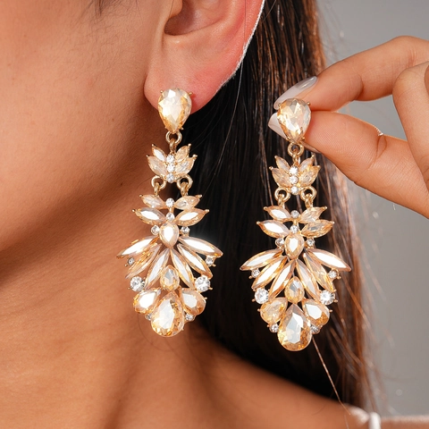 Orecchini Pendenti Goccia Lusso Con Perno In Argento Strass Champagne Stile Palazzo Retrò Gioielli Per Donna