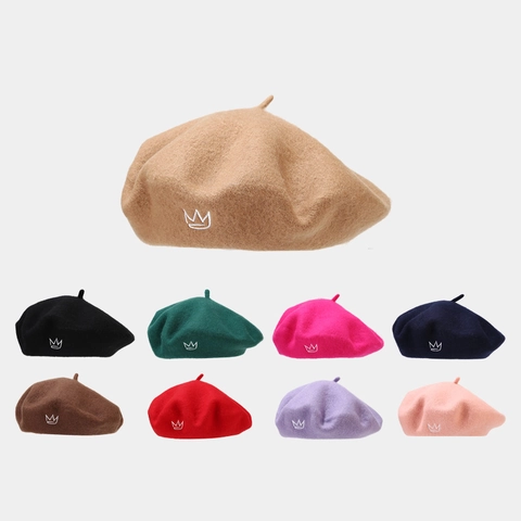 Beret Hat Women Woolen Retro Vintage Crown Embroidery Solid Color French Painter Cap Fashion Accessory