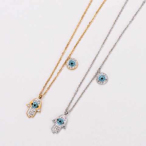 Collar Con Colgante De Mano De Hamsa Y Ojo Turco Acero Inoxidable 304 Incrustaciones De Diamantes De Imitación Joyería Mujer