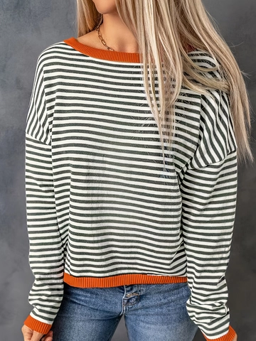 Damen Gestreifter Polyester Spandex Strickpullover Rundhals Locker Passform Langarm Kontrast Besatz Drop Shoulder Oberteil