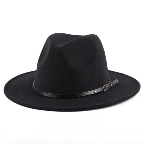 Vintage British Style Fedora Hat Wide Brim Felt Jazz Cap With Leather Band Metal Buckle And Rivet Details Solid Color