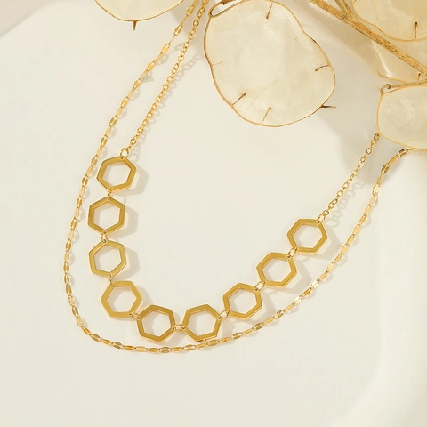 Vintage Stainless Steel Geometric Hexagon Double Layer Necklace For Women Gold Plated Fashion Minimalist Clavicle Chain