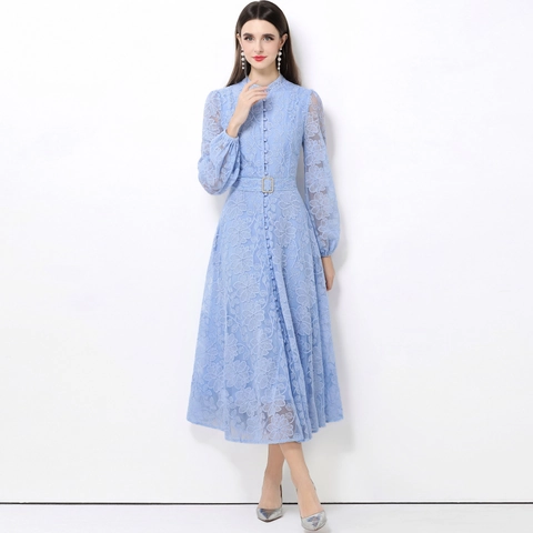 Elegantes Damen Midi Kleid Mit Floralem Spitzenstickerei Französisch Retro Stehkragen Lange Laternenärmel Einreihig Mit Gürtel