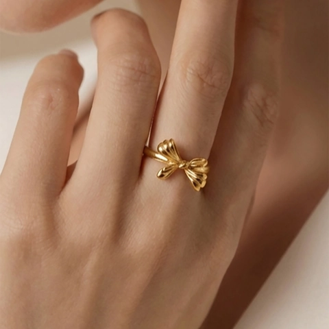 Bowknot Open Ring 18K Gold Plated Stainless Steel Adjustable Vintage Textured Matte Elegant Jewelry For Women