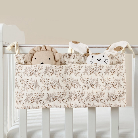 Baby Crib Hanging Storage Bag Pure Cotton Muslin Multi Pockets Nursery Organizer Diaper Bottle Holder For Bedside Stroller