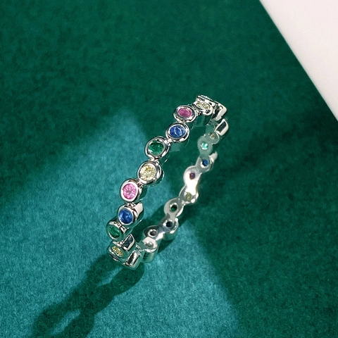 Rainbow Eternity Ring Colorful Zircon Inlaid Copper Band Minimalist Korean Style Finger Jewelry Women