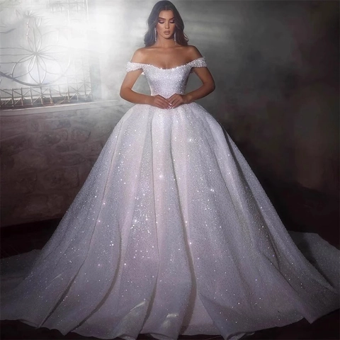 Elegante Off Shoulder Trouwjurk Kant Lovertjes Hoge Taille Bruidsjurk Lange Sleep Glinsterende Voor Dames