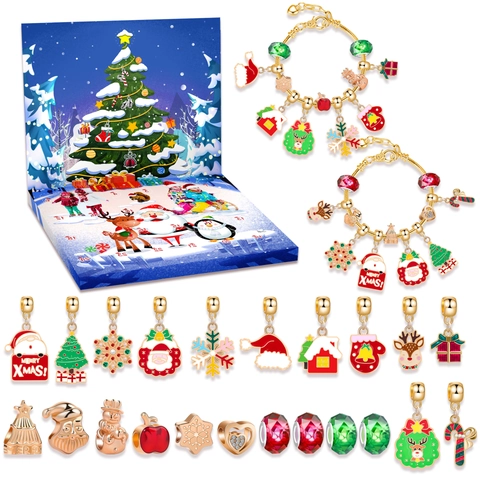 Christmas Advent Calendar Bracelet DIY Jewelry Zinc Alloy Enamel Charms Santa Snowflake Reindeer Pendants Holiday Gifts Girls