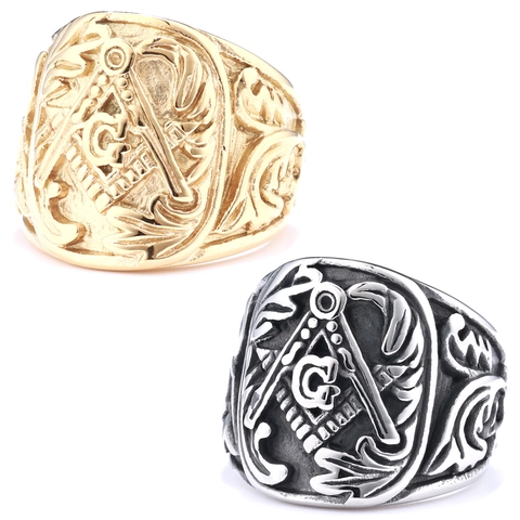 Bague Chevalière Maçonnique Acier Inoxydable Gravée Symbole Compas Équerre G Style Rétro Punk Homme Bijoux