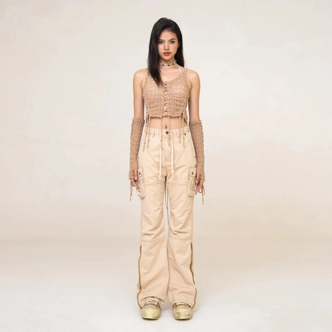 Women High Waist Cargo Pants Cotton Flared Multi-Pocket Zipper Hem Streetwear Casual Long Trousers Solid Wheat Color