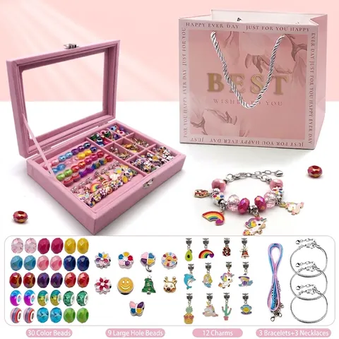 Kids DIY Jewelry Making Kit Copper Zinc Alloy Beads Charms Bracelet Necklace Pink Velvet Box Gift Bag Unicorn Theme For Girls Jewelry Gift