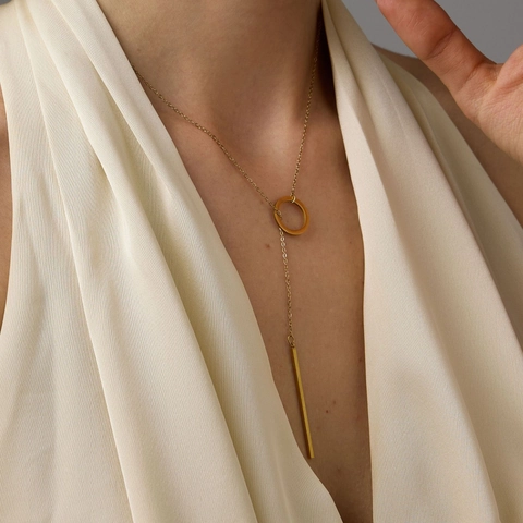 Minimalist Stainless Steel Circle Long Bar Pendant Necklace Lariat Clavicle Chain Gold Silver Jewelry For Women