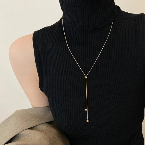 Adjustable Stainless Steel Lariat Necklace 18K Gold Plated Snake Chain Y Shape Ball Bead Pendant Minimalist Long Sweater Chain