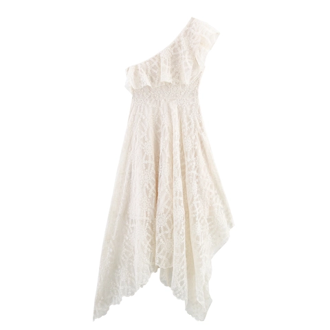 Vestito Maxi Bohemien In Pizzo Monospalla Da Donna Elegante Vita Alta Orlo Irregolare Senza Maniche Bianco Retro Lungo
