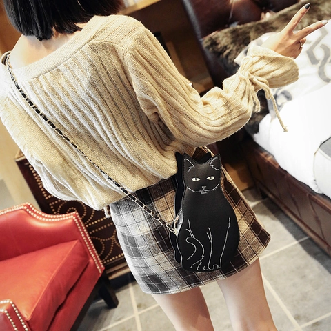 Cute Black Cat Shaped Crossbody Bag PU Leather Animal Design Chain Strap Mini Shoulder Bag Trendy Novelty For Women