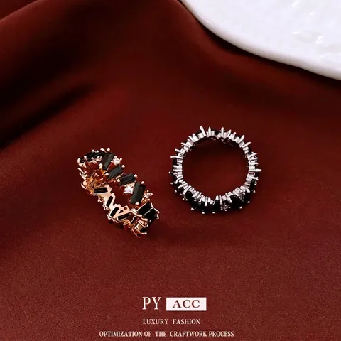 Anello Eternity In Rame Vintage Con Zircone Nero Rettangolare E Pietre Bianche Per Donne Gioielli Moda Lusso