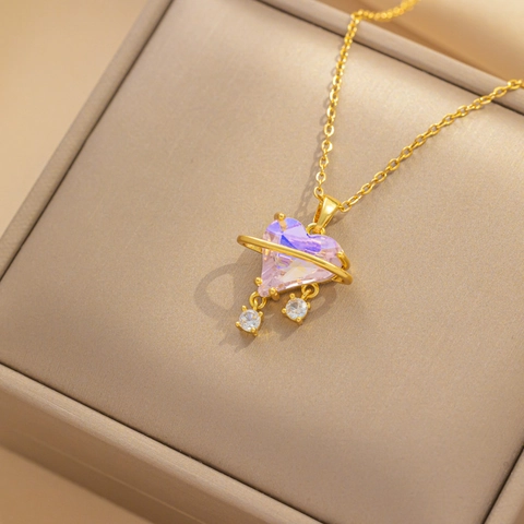 Herz Planeten Anhänger Halskette Titanstahl Zirkonia Vergoldet Mode Schmuck Für Damen Elegantes Trendiges Accessoire