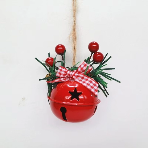 Christmas Hanging Bell Ornament Metal Iron With Red Berries Pine Needles Gingham Bow Twine Rope Tree Holiday Decoration