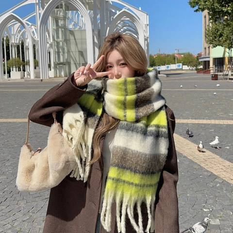 Winter Cashmere-like Tassel Plaid Scarf For Women Soft Warm Thick Long Shawl Wrap Elegant Striped Autumn Accessories