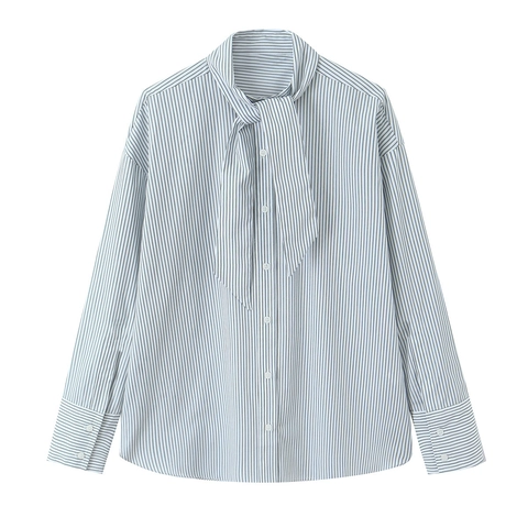 Women Striped Blouse Polyester Poplin Long Sleeve Pussy-Bow Collar Button Down Elegant Casual Sweet Shirt For Lady