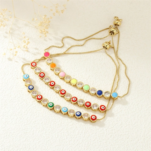 Evil Eye Adjustable Bracelet Copper Enamel Cubic Zirconia Slider Bolo Clasp Bohemian Ethnic Fashion Jewelry For Women