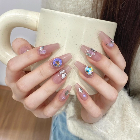 Coffin Press On Nägel Handgefertigt Aurora Pink Nude Jelly Strass Glitzer Funkelnd Maniküre Für Frauen