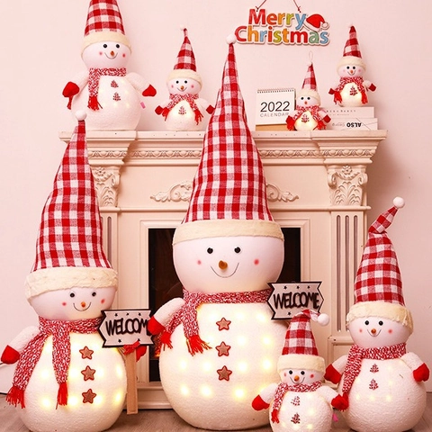 Muñeco De Nieve De Navidad LED Adorno De Escritorio Peluche Sombrero De Cuadros Rojo Blanco Figura Festiva