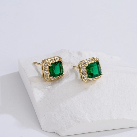 Green Zircon Stud Earrings Copper 18K Gold Plated Snake Square Geometric Style Fashion Jewelry For Women