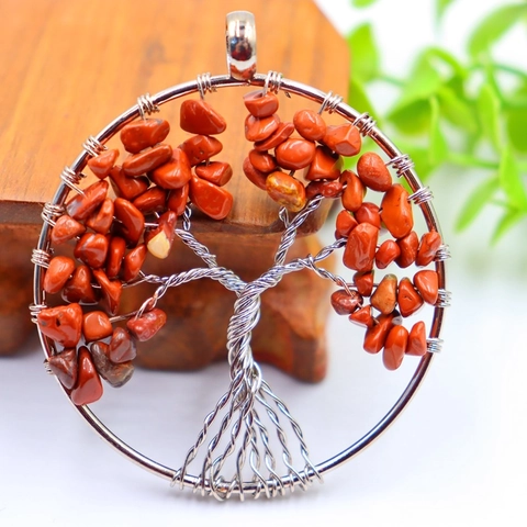 Tree Of Life Pendant Necklace Natural Crystal Stone Chips Copper Wire Wrapped Handmade Round Heart Shape Healing Jewelry