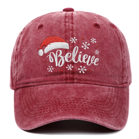 Casquette De Baseball De Noël Coton Lavé Brodé Chapeau De Père Noël Flocon De Neige Lettre Believe Vintage