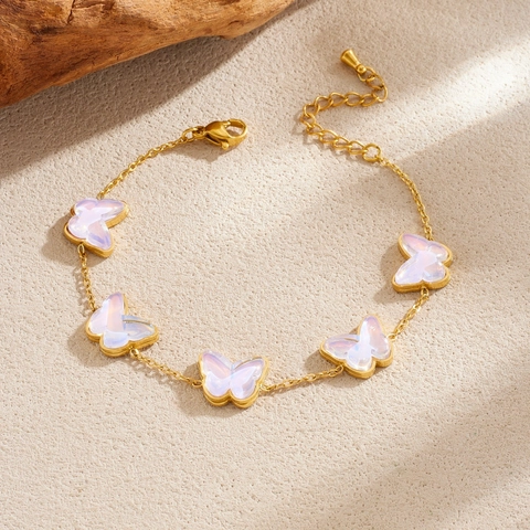 Vlinder Charm Armband Roestvrij Staal Roze Gradiënt Opaal Stijl Zoete Sieraden Voor Vrouwen Elegante Verstelbare Ketting