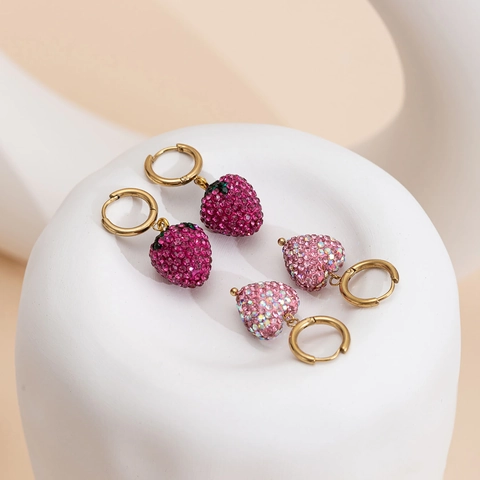 Strawberry And Heart Shaped Rhinestone Hoop Drop Earrings Stainless Steel Gold Plated For Women Trendy Elegant Daily Jewelry Accessory
