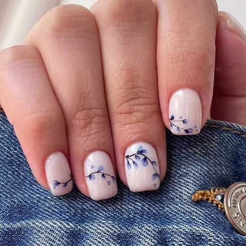 Press On Nails Blaues Blumenmuster Hellrosa Kurz Quadratisch Rund Künstliche Falsche Nägel Mit Kleber